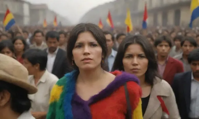 Un colorido retrato de la lucha por la justicia social y su conexión con el progreso democrático en Perú. **Translation:** A colorful representation of the fight for social justice and its connection to democratic progress in Peru
