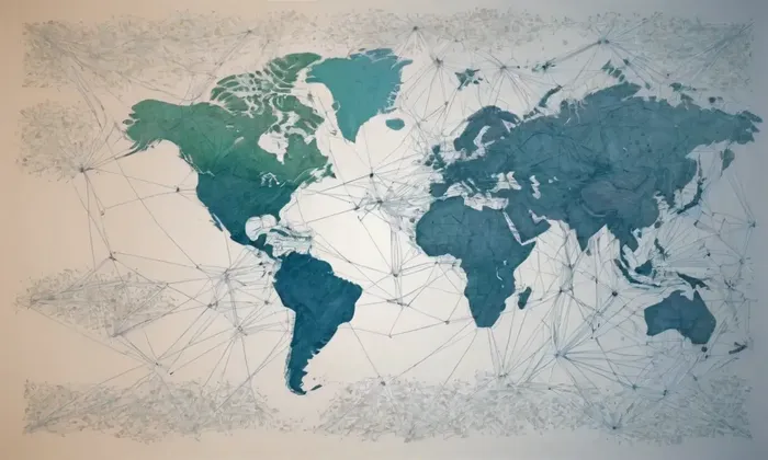 Un mapa del mundo con ciudades y flujos de datos conectados globalmente.      ️