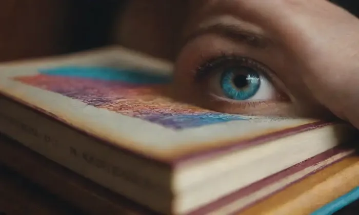 Imágenes vibrantes de libros y ojos, reflexiones entrelazadas