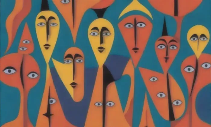 Formas abstractas, figuras geométricas, personajes literarios y textos vintage del siglo XX. **Translation:** Abstract shapes, geometrical patterns, literary figures and vintage texts from the 20th century